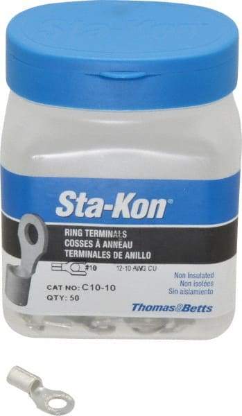 Thomas & Betts - 12-10 AWG Noninsulated Crimp Connection D Shaped Ring Terminal - #10 Stud, 0.85" OAL x 0.38" Wide, Tin Plated Copper Contact - Makers Industrial Supply