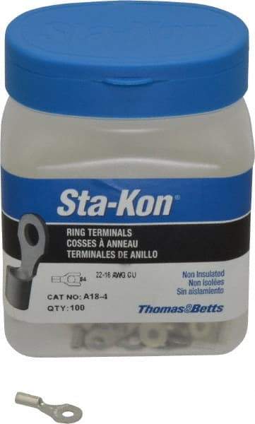 Thomas & Betts - 22-16 AWG Noninsulated Crimp Connection D Shaped Ring Terminal - #4 Stud, 3/4" OAL x 0.31" Wide, Tin Plated Copper Contact - Makers Industrial Supply