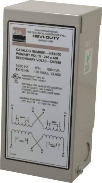 Sola/Hevi-Duty - 1 Phase, 240-480 Volt Input, 120/240 Volt Output, 60 Hz, 0.05 kVA, General Purpose Transformer - 4, 12, 3R, 4X NEMA Rating, 176°F Temp Rise, 4 Inch Wide x 3 Inch Deep x 6 Inch High, Indoor, Outdoor, Wall Mount - Makers Industrial Supply