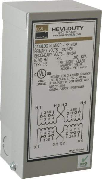 Sola/Hevi-Duty - 1 Phase, 240-480 Volt Input, 120/240 Volt Output, 60 Hz, 0.1 kVA, General Purpose Transformer - 4, 12, 3R, 4X NEMA Rating, 176°F Temp Rise, 4 Inch Wide x 3 Inch Deep x 6 Inch High, Indoor, Outdoor, Wall Mount - Makers Industrial Supply