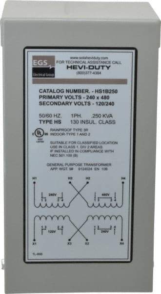 Sola/Hevi-Duty - 1 Phase, 240-480 Volt Input, 120/240 Volt Output, 60 Hz, 1/4 kVA, General Purpose Transformer - 4, 12, 3R, 4X NEMA Rating, 176°F Temp Rise, 4 Inch Wide x 4 Inch Deep x 8 Inch High, Indoor, Outdoor, Wall Mount - Makers Industrial Supply