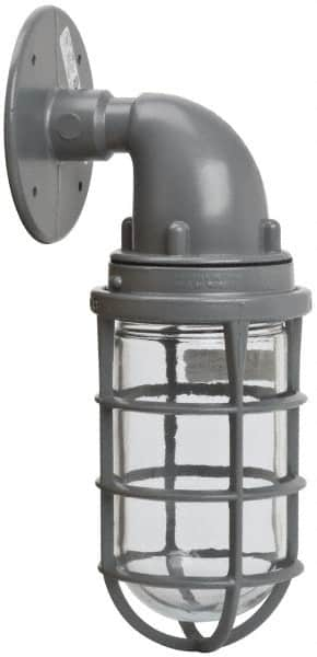 Hubbell Killark - 150 Watt, 2,800 Lumen, 120-240 Volt, Incandescent Wall Pack Light Fixture - Glass Lens, Aluminum Housing, Gray, Wall Mount, 4-5/8" Deep x 7-5/8" High x 4-1/4" Wide - Makers Industrial Supply