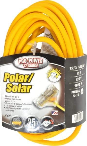 Southwire - 25', 12/3 Gauge/Conductors, Yellow Indoor & Outdoor Extension Cord - 1 Receptacle, 15 Amps, 300 Volts, UL SJEOW-A, NEMA 5-15P, 5-15R x 3 - Makers Industrial Supply