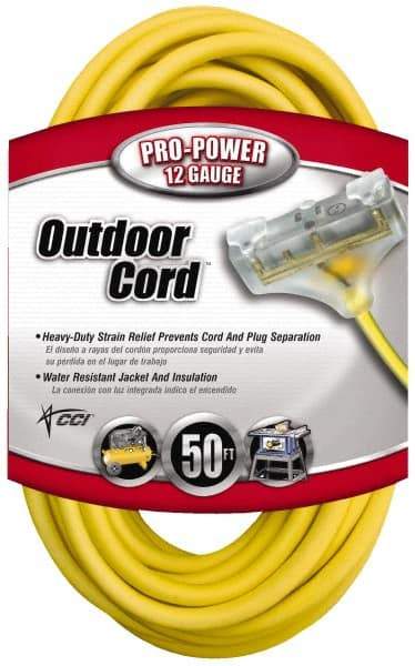 Southwire - 50', 12/3 Gauge/Conductors, Yellow Indoor & Outdoor Extension Cord - 1 Receptacle, 15 Amps, 125 VAC, UL SJTW-A, NEMA 5-15P, 5-15R x 3 - Makers Industrial Supply