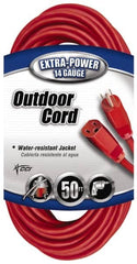 Southwire - 50', 14/3 Gauge/Conductors, Red Indoor & Outdoor Extension Cord - 1 Receptacle, 15 Amps, 125 VAC, UL SJTW, NEMA 5-15P, 5-15R - Makers Industrial Supply