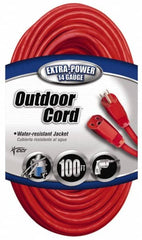 Southwire - 100', 14/3 Gauge/Conductors, Red Indoor & Outdoor Extension Cord - 1 Receptacle, 13 Amps, 125 VAC, UL SJTW, NEMA 5-15P, 5-15R - Makers Industrial Supply