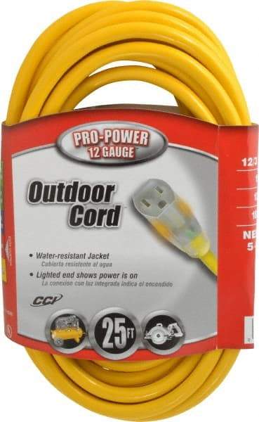 Southwire - 25', 12/3 Gauge/Conductors, Yellow Indoor & Outdoor Extension Cord - 1 Receptacle, 15 Amps, 125 VAC, UL SJTW, NEMA 5-15P, 5-15R - Makers Industrial Supply