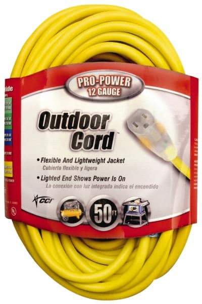 Southwire - 50', 12/3 Gauge/Conductors, Yellow Indoor & Outdoor Extension Cord - 1 Receptacle, 15 Amps, 125 VAC, UL SJTW, NEMA 5-15P, 5-15R - Makers Industrial Supply