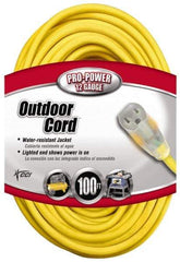 Southwire - 100', 12/3 Gauge/Conductors, Yellow Indoor & Outdoor Extension Cord - 1 Receptacle, 15 Amps, 125 VAC, UL SJTW, NEMA 5-15P, 5-15R - Makers Industrial Supply