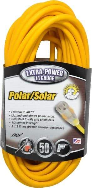 Southwire - 50', 14/3 Gauge/Conductors, Yellow Outdoor Extension Cord - 1 Receptacle, 15 Amps, 125 VAC, UL SJEOOW, NEMA 5-15P, 5-15R - Makers Industrial Supply