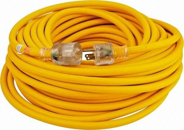 Southwire - 100', 14/3 Gauge/Conductors, Yellow Outdoor Extension Cord - 1 Receptacle, 13 Amps, 125 VAC, UL SEOOW, NEMA 5-15P, 5-15R - Makers Industrial Supply