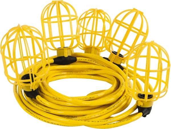 Value Collection - 5 Socket, 4 Conductor, 125 VAC, 15 Amp, Temporary String Light - 50' SJTW-A Cord, Yellow, Plastic, Includes Lamp Guard - Makers Industrial Supply