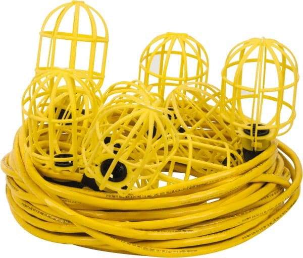 Value Collection - 10 Socket, 4 Conductor, 125 VAC, 15 Amp, Temporary String Light - 100' SJTW-A Cord, Yellow, Plastic, Includes Lamp Guard - Makers Industrial Supply