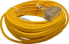 Southwire - 100', 12/3 Gauge/Conductors, Yellow Outdoor Extension Cord - 1 Receptacle, 15 Amps, 125 VAC, UL SJEOOW, NEMA 5-15P, 5-15R x 3 - Makers Industrial Supply