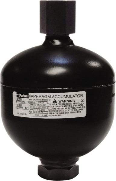 Parker - 85 Lb. Capacity, 3,620 psi Max Working Pressure, 7.95" High, Hydrin Diaphragm Accumulator - 5.98" Diam, 8 SAE Port Thread - Makers Industrial Supply