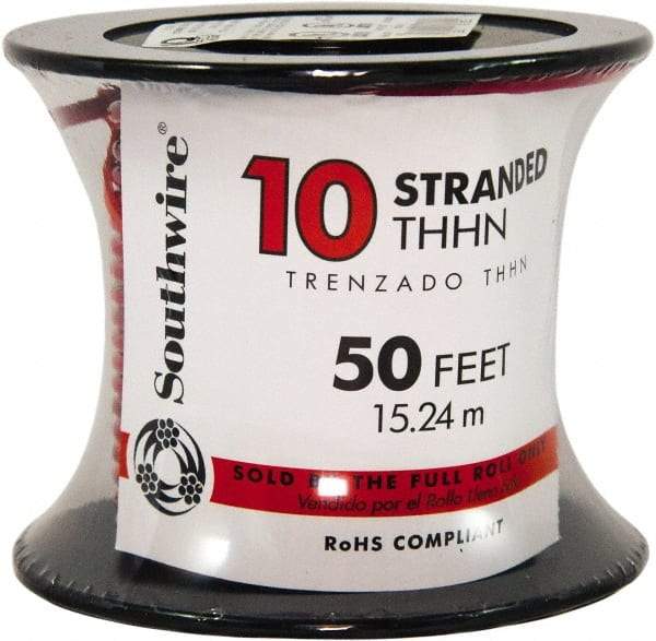 Southwire - THHN/THWN, 10 AWG, 30 Amp, 100' Long, Stranded Core, 19 Strand Building Wire - Red, Thermoplastic Insulation - Makers Industrial Supply