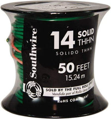 Southwire - THHN/THWN, 14 AWG, 15 Amp, 50' Long, Solid Core, 1 Strand Building Wire - Green, Thermoplastic Insulation - Makers Industrial Supply