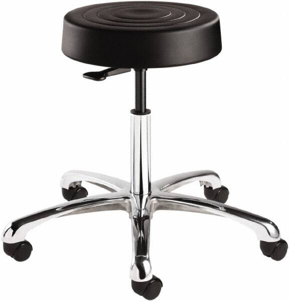 Bevco - 14 Inch Wide x 14-1/2 Inch Deep x 22-1/2 Inch High, Polished Aluminum Base, Adjustable Height Swivel Stool - Polyurethane Seat, Black - Makers Industrial Supply