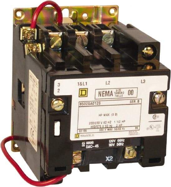 Square D - 3 Pole, 550 Coil VAC at 50 Hz and 600 Coil VAC at 60 Hz, 9 Amp NEMA Contactor - Open Enclosure, 50 Hz at 550 Hz VAC and 60 Hz at 600 VAC - Makers Industrial Supply