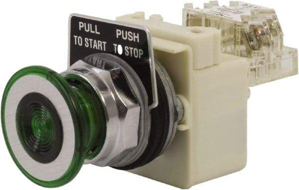 Schneider Electric - 30mm Mount Hole, Extended Straight, Pushbutton Switch with Contact Block - Green Pushbutton, Maintained (MA) - Makers Industrial Supply