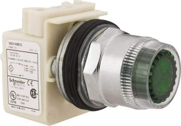 Schneider Electric - 1.18 Inch Mount Hole, Extended Straight, Pushbutton Switch Only - Round, Green Pushbutton, Illuminated, Momentary (MO), Weatherproof, Dust and Oil Resistant - Makers Industrial Supply