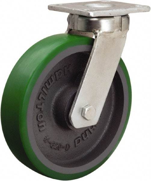 Hamilton - 8" Diam x 2" Wide x 9-1/2" OAH Top Plate Mount Swivel Caster - Polyurethane Mold onto Cast Iron Center, 1,500 Lb Capacity, Sealed Precision Ball Bearing, 4 x 4-1/2" Plate - Makers Industrial Supply