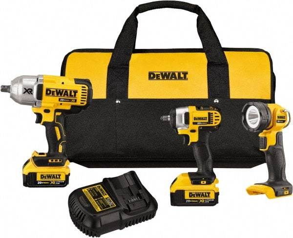 DeWALT - 20 Volt Cordless Tool Combination Kit - Includes 1/2" Impact Wrench, 3/8" Impact Driver & LED Worklight, Lithium-Ion Battery Included - Makers Industrial Supply