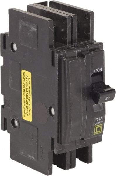 Square D - 30 Amp, 120/240 VAC, 2 Pole, DIN Rail Mounted, Flush Mount, Surface Mount Miniature Circuit Breaker - Thermal Magnetic Trip, 10 kA at 120/240 VAC Breaking Capacity, 14-2 (Aluminum), 14-2 (Copper) AWG, 74mm Deep x 103mm High x 19mm Wide - Makers Industrial Supply