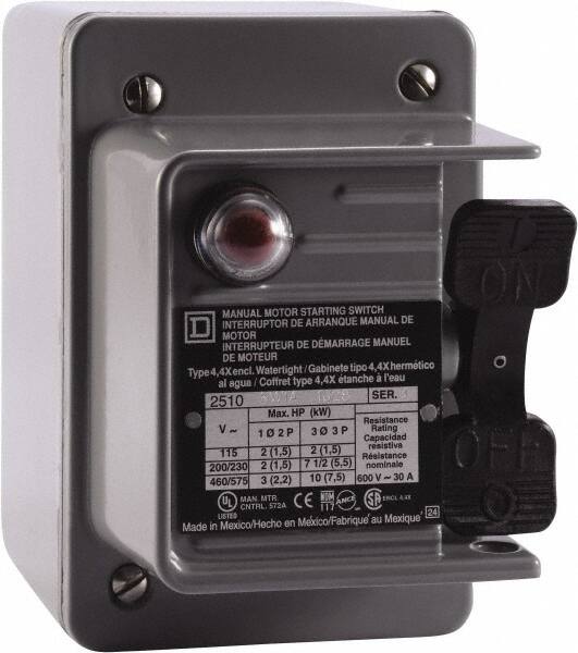 Square D - 3 Poles, 30 Amp, NEMA, Enclosed Toggle Manual Motor Starter - 1 hp at 90 VDC, 10 hp at 460 VAC, 10 hp at 575 VAC, 1-1/2 hp at 230 VDC, 2 hp at 115 VAC, 2 hp at 115 VDC & 7-1/2 hp at 230 VAC, CE, CSA, NEMA 4 & UL Listed - Makers Industrial Supply