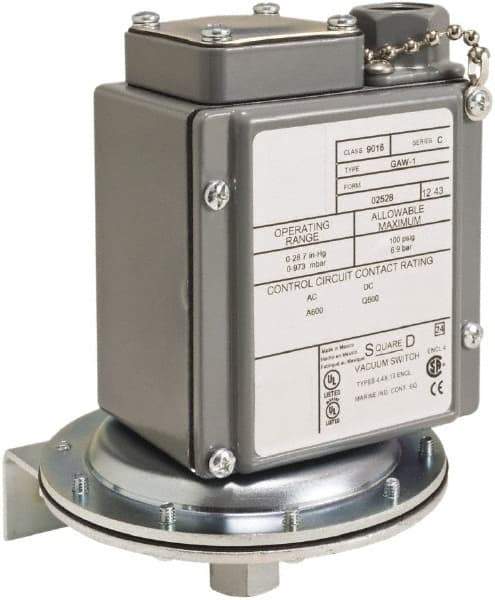 Square D - 4, 13 and 4X NEMA Rated, DPDT, 1 to 40 psi, Vacuum Switch Pressure and Level Switch - Adjustable Pressure, 120 VAC, 125 VDC, 240 VAC, 250 VDC, Screw Terminal - Makers Industrial Supply