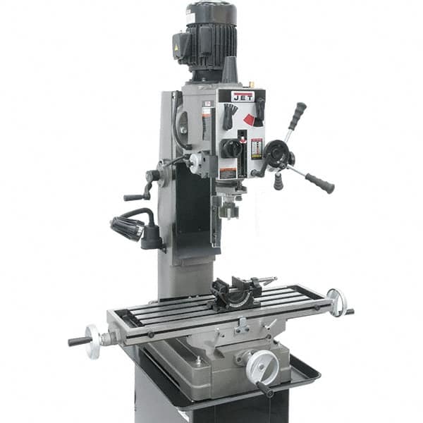 Jet - 3 Phase, 19-11/16" Swing, Geared Head Mill Drill Combination - 32-1/4" Table Length x 9-1/2" Table Width, 20-1/2" Longitudinal Travel, 8-1/4" Cross Travel, Variable Spindle Speeds, 1.5 hp, 230 Volts - Makers Industrial Supply