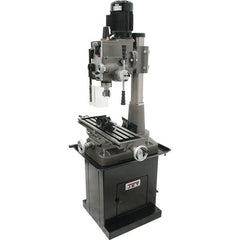 Jet - 1 Phase, 19-11/16" Swing, Geared Head Mill Drill Combination - 32-1/4" Table Length x 9-1/2" Table Width, 20-1/2" Longitudinal Travel, 8-1/4" Cross Travel, 6 Spindle Speeds, 1.5 hp, 115/230 Volts - Makers Industrial Supply