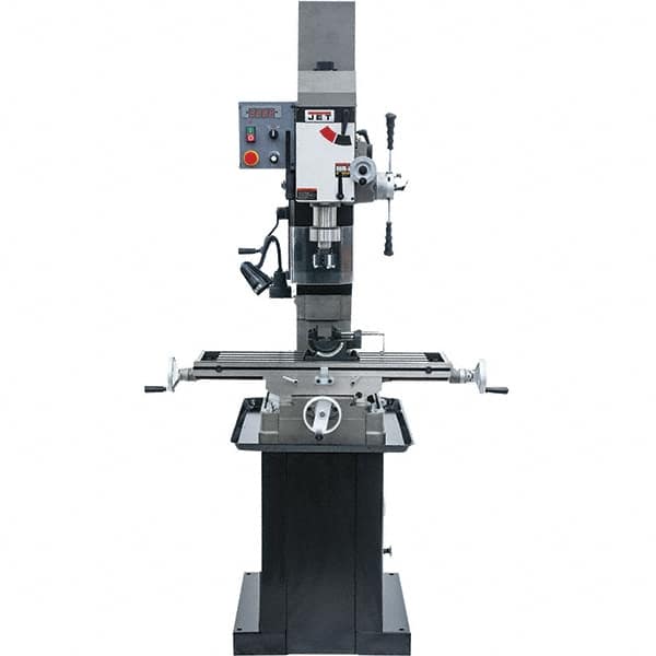 Jet - 3 Phase, 19-11/16" Swing, Geared Head Mill Drill Combination - 32-1/4" Table Length x 9-1/2" Table Width, 20-1/2" Longitudinal Travel, 8-1/4" Cross Travel, Variable Spindle Speeds, 1.5 hp, 230 Volts - Makers Industrial Supply