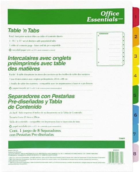 Office Essentials - 11 x 8 1/2" 1 to 8" Label, 8 Tabs, 3-Hole Punched, Preprinted Divider - Multicolor Tabs, White Folder - Makers Industrial Supply