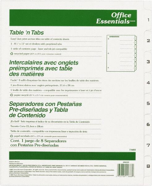 Office Essentials - 11 x 8 1/2" 1 to 8" Label, 8 Tabs, 3-Hole Punched, Preprinted Divider - White - Makers Industrial Supply