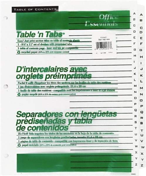 Office Essentials - 11 x 8 1/2" A to Z Label, 26 Tabs, 3-Hole Punched, Preprinted Divider - White - Makers Industrial Supply