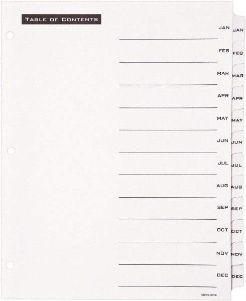 Office Essentials - 11 x 8 1/2" Jan to Dec Label, 12 Tabs, 3-Hole Punched, Preprinted Divider - White - Makers Industrial Supply