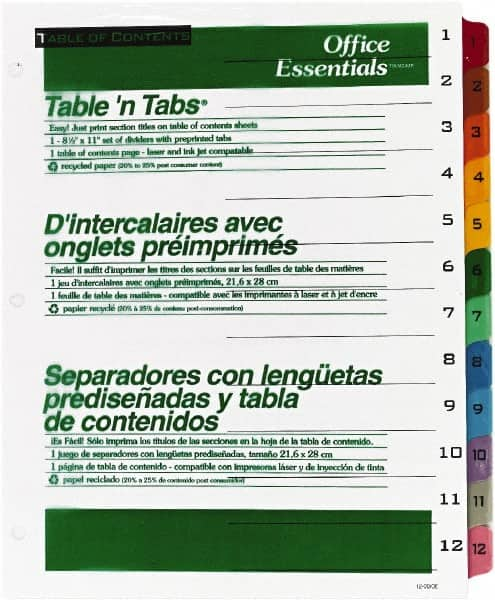 Office Essentials - 11 x 8 1/2" 1 to 12" Label, 12 Tabs, 3-Hole Punched, Preprinted Divider - Multicolor Tabs, White Folder - Makers Industrial Supply