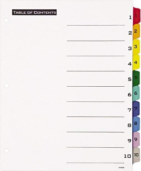 Office Essentials - 11 x 8 1/2" 1 to 10" Label, 10 Tabs, 3-Hole Punched, Preprinted Divider - Multicolor Tabs, White Folder - Makers Industrial Supply