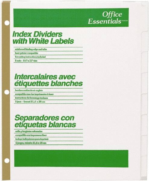 Office Essentials - 11 x 8 1/2" 1 to 8" Label, 8 Tabs, 3-Hole Punched, Customizable Divider - White - Makers Industrial Supply