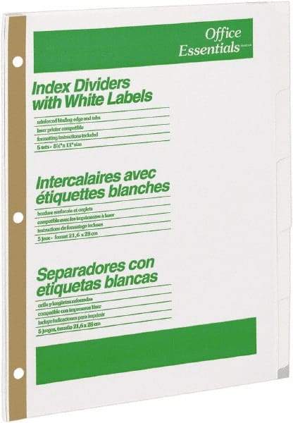 Office Essentials - 11 x 8 1/2" 1 to 5" Label, 5 Tabs, 3-Hole Punched, Customizable Divider - White - Makers Industrial Supply