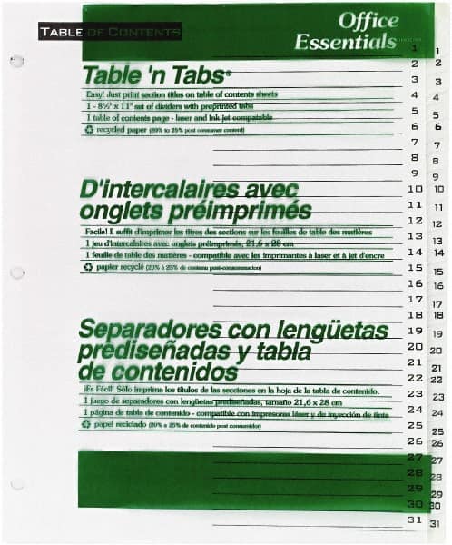 Office Essentials - 11 x 8 1/2" 1 to 31" Label, 31 Tabs, 3-Hole Punched, Preprinted Divider - White - Makers Industrial Supply