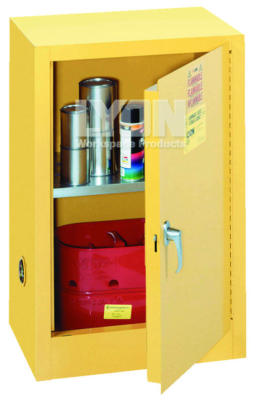 Compact Storage Cabinet - #5473 - 23-1/4 x 18 x 35" - 12 Gallon - w/one shelf, 1-door manual close - Yellow Only - Makers Industrial Supply