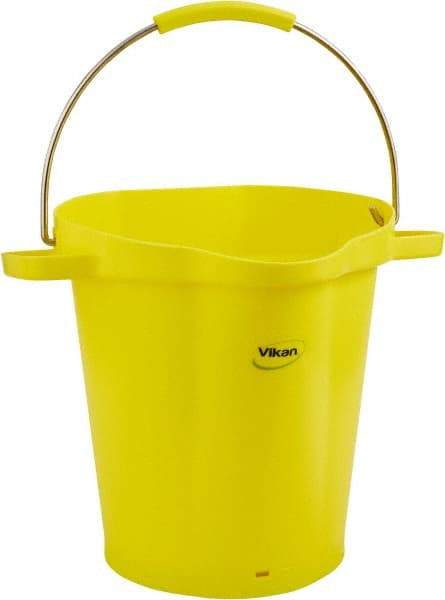 Vikan - 5 Gal, 18" High, Polypropylene Round Yellow Single Pail with Pour Spout - Handle Included, 15.4mm Top Length x 18.9" Top Width x 18.9" Top Diam - Makers Industrial Supply