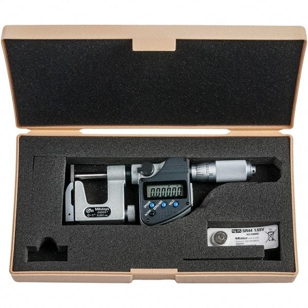 Mitutoyo - 0 to 1" Range, 0.00005" Resolution, Interchangeable Anvil Type Throat IP65 Electronic Outside Micrometer - 0.0002" Accuracy, Friction Thimble, Carbide-Tipped Face, SR44 Battery - Makers Industrial Supply