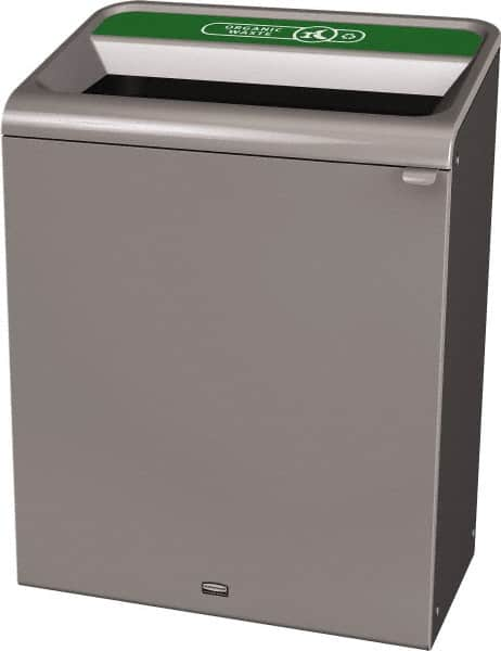 Rubbermaid - 45 Gal Gray Rectangle Decorative Indoor Single Stream Waste Receptacle - Metal, Organic Waste Graphic, 37.965" High x 29.132" Long x 19-1/2" Wide, Lid Included - Makers Industrial Supply