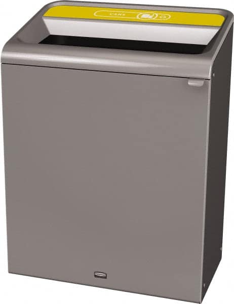 Rubbermaid - 45 Gal Gray Rectangle Decorative Indoor Single Stream Waste Receptacle - Metal, Cans Graphic, 37.965" High x 29.132" Long x 19-1/2" Wide, Lid Included - Makers Industrial Supply