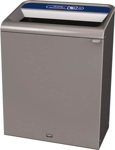 Rubbermaid - 45 Gal Gray Rectangle Decorative Indoor Single Stream Waste Receptacle - Metal, Mixed Recycling Graphic, 37.965" High x 29.132" Long x 19-1/2" Wide, Lid Included - Makers Industrial Supply