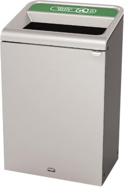 Rubbermaid - 33 Gal Gray Rectangle Decorative Indoor Single Stream Waste Receptacle - Metal, Organic Waste Graphic, 37.965" High x 24.051" Long x 19-1/2" Wide, Lid Included - Makers Industrial Supply