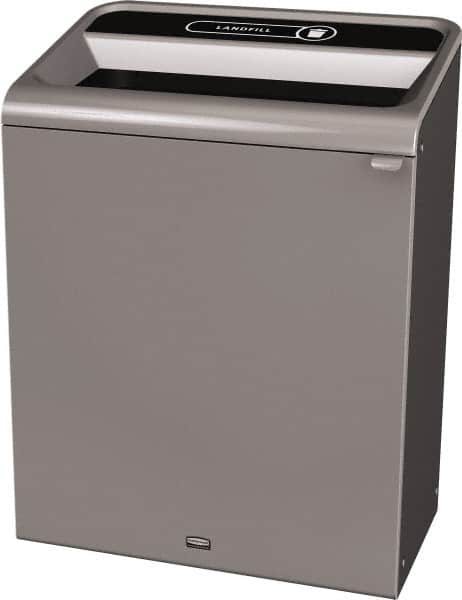 Rubbermaid - 45 Gal Gray Rectangle Decorative Indoor Single Stream Waste Receptacle - Metal, Landfill Graphic, 37.965" High x 29.132" Long x 19-1/2" Wide, Lid Included - Makers Industrial Supply